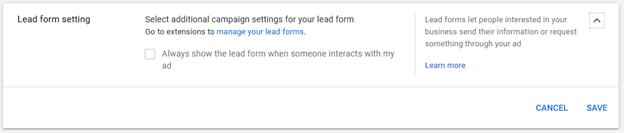 Form Ad Extension Settings