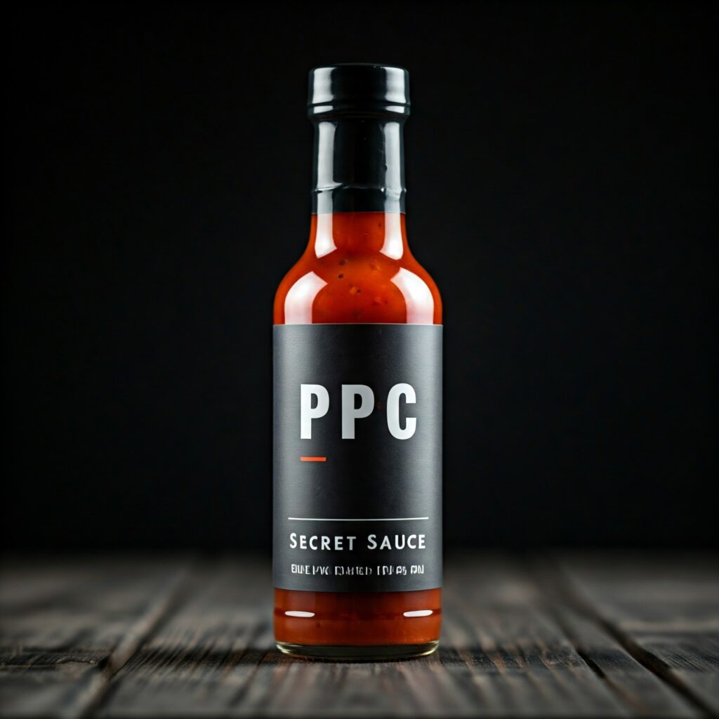 A bottle of hot sauce that has a label with the letters "PPC" on it