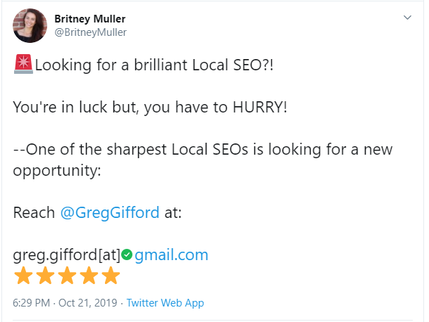 Britney Muller Recommending Greg Gifford